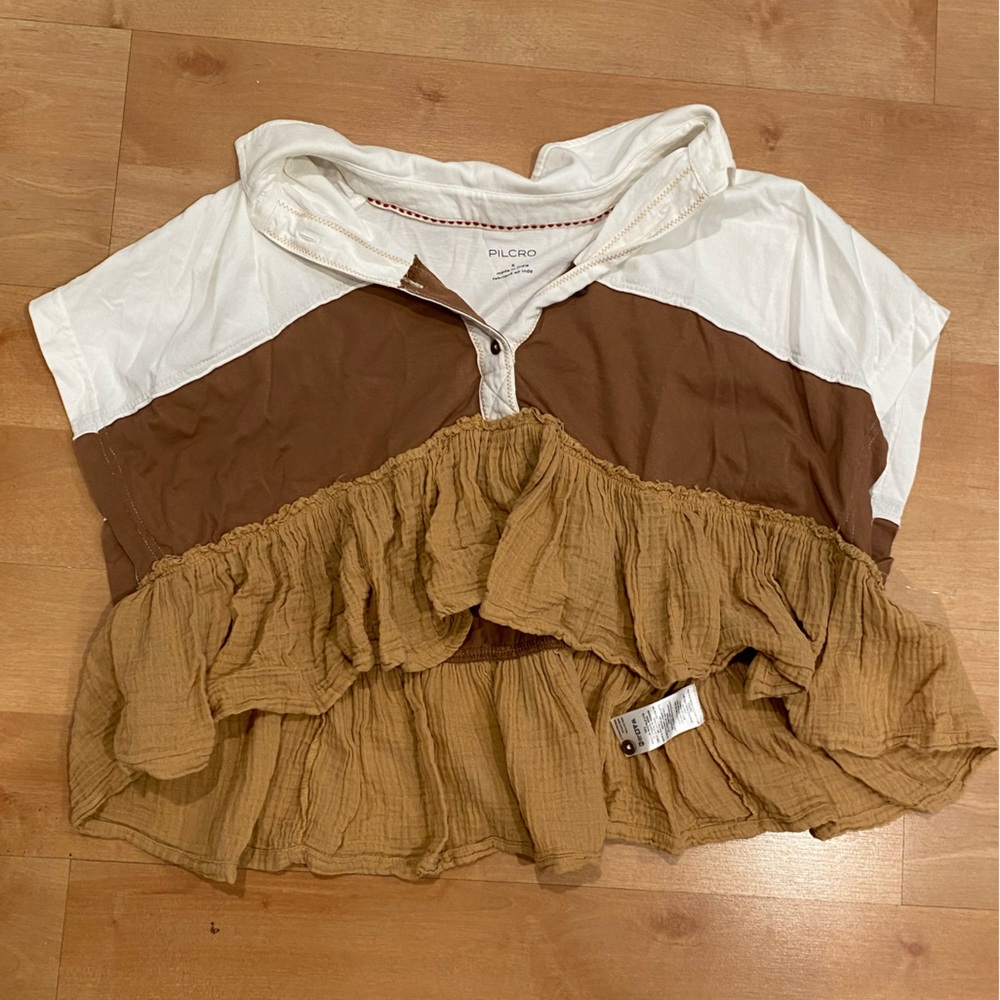 Pilcro Colorblock Ruffle Peplum Top in White, Brown and Mustard - Picture 1 of 3